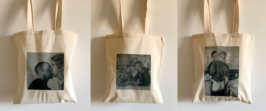 close up view of all 3 limited edition tote bags available to purchase (Javier and Marc, Peter and Geoff and Kieron and Wayne) printed with images from original drawings created by the artist James Robert Morrison