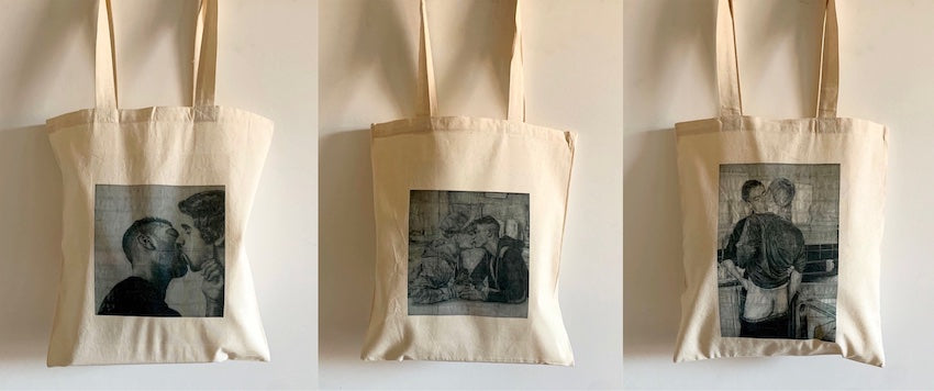 close up view of all 3 limited edition tote bags available to purchase (Javier and Marc, Peter and Geoff and Kieron and Wayne) printed with images from original drawings created by the artist James Robert Morrison  